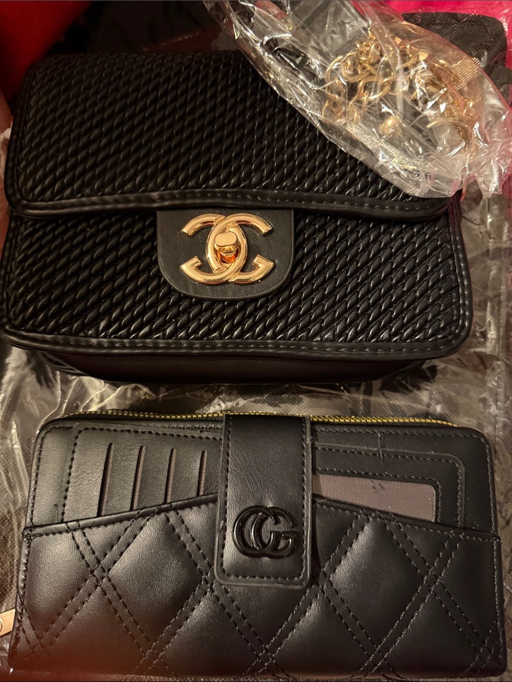 Black Quilted Crossbody Bag and Matching Wallet Set with Gold Hardware